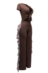 Open front tied closure, side tassel fringe wide leg jumpsuit