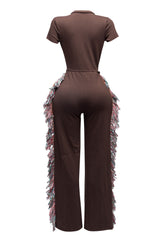 Open front tied closure, side tassel fringe wide leg jumpsuit