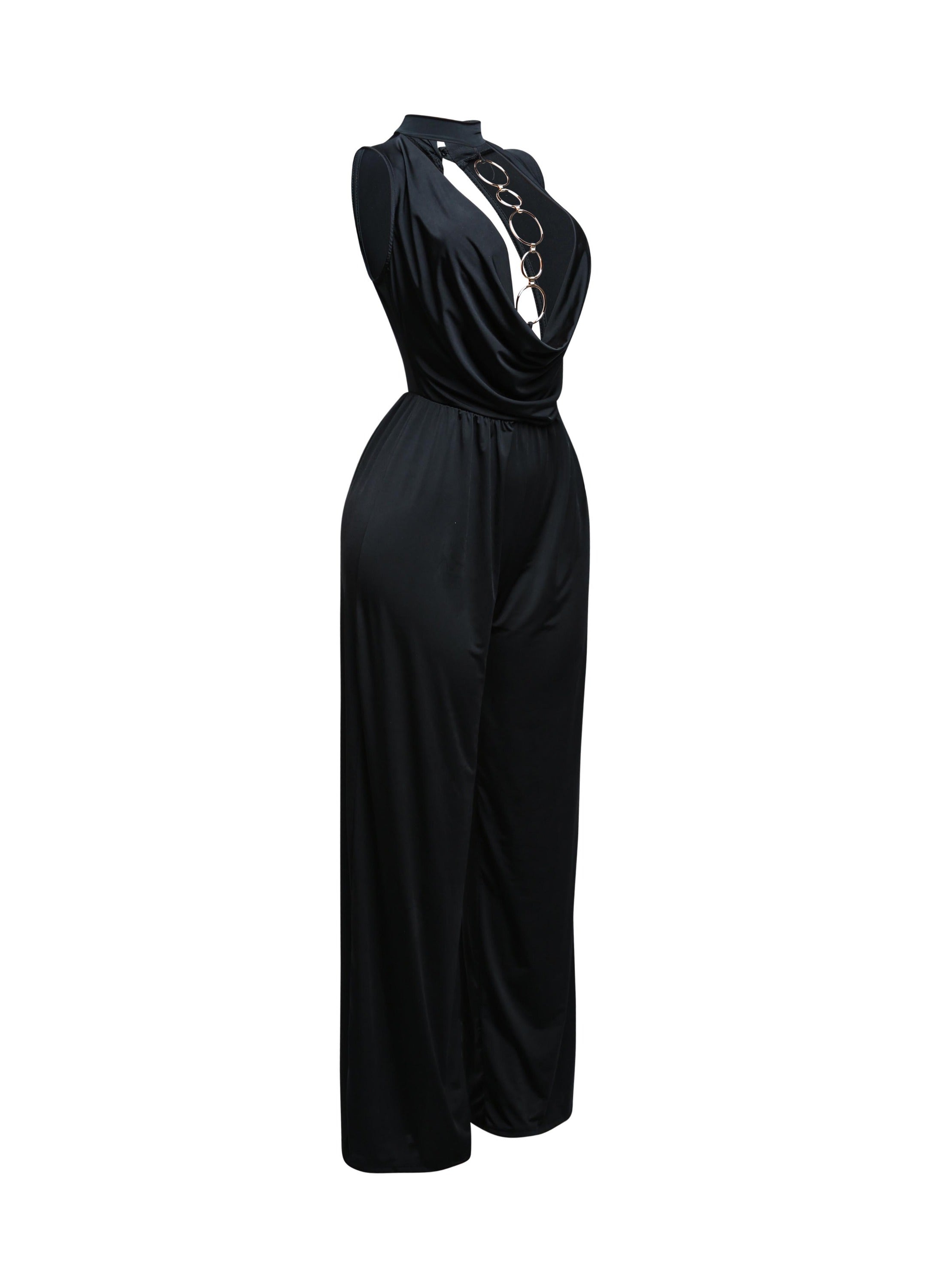 Mock neck cowl front wide leg jumpsuit