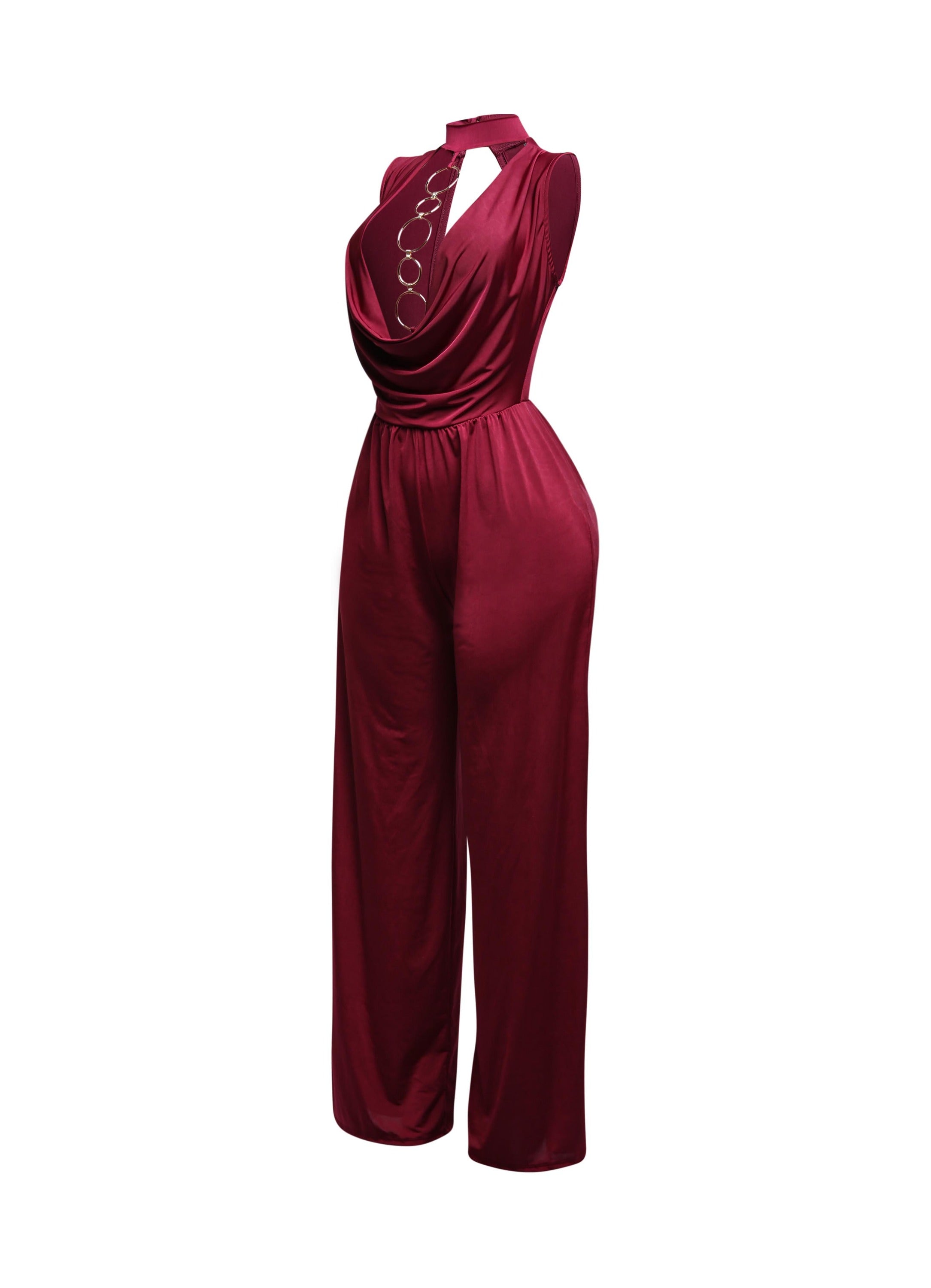 Mock neck cowl front wide leg jumpsuit