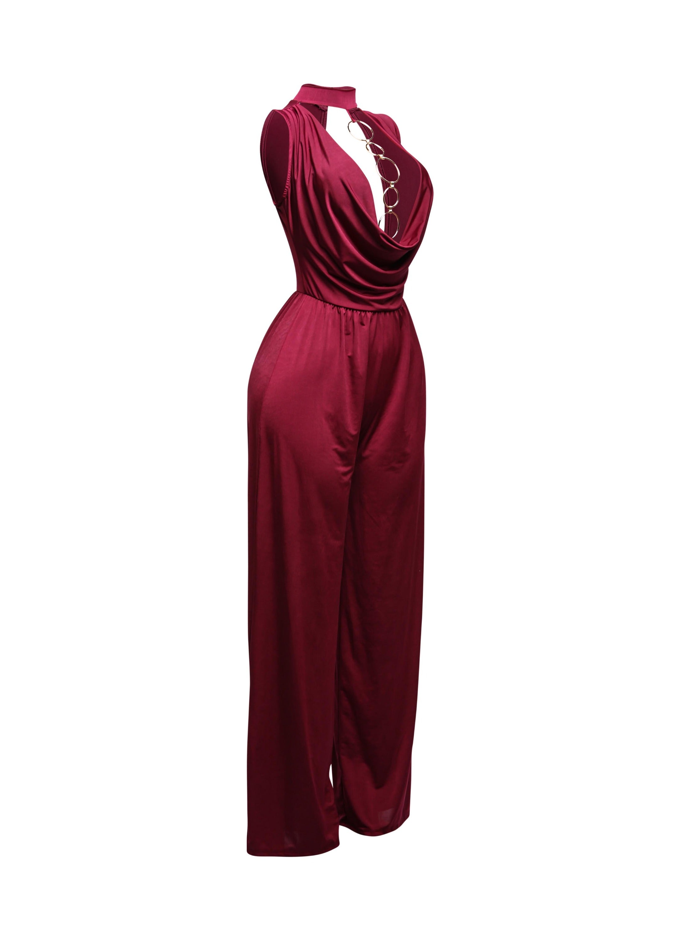 Mock neck cowl front wide leg jumpsuit