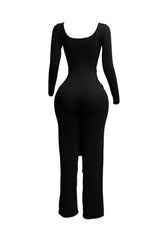 Ribbed long sleeve jumpsuit with front tie