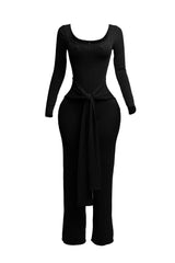 Ribbed long sleeve jumpsuit with front tie