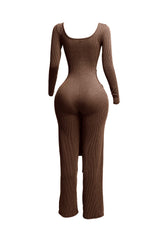 Ribbed long sleeve jumpsuit with front tie