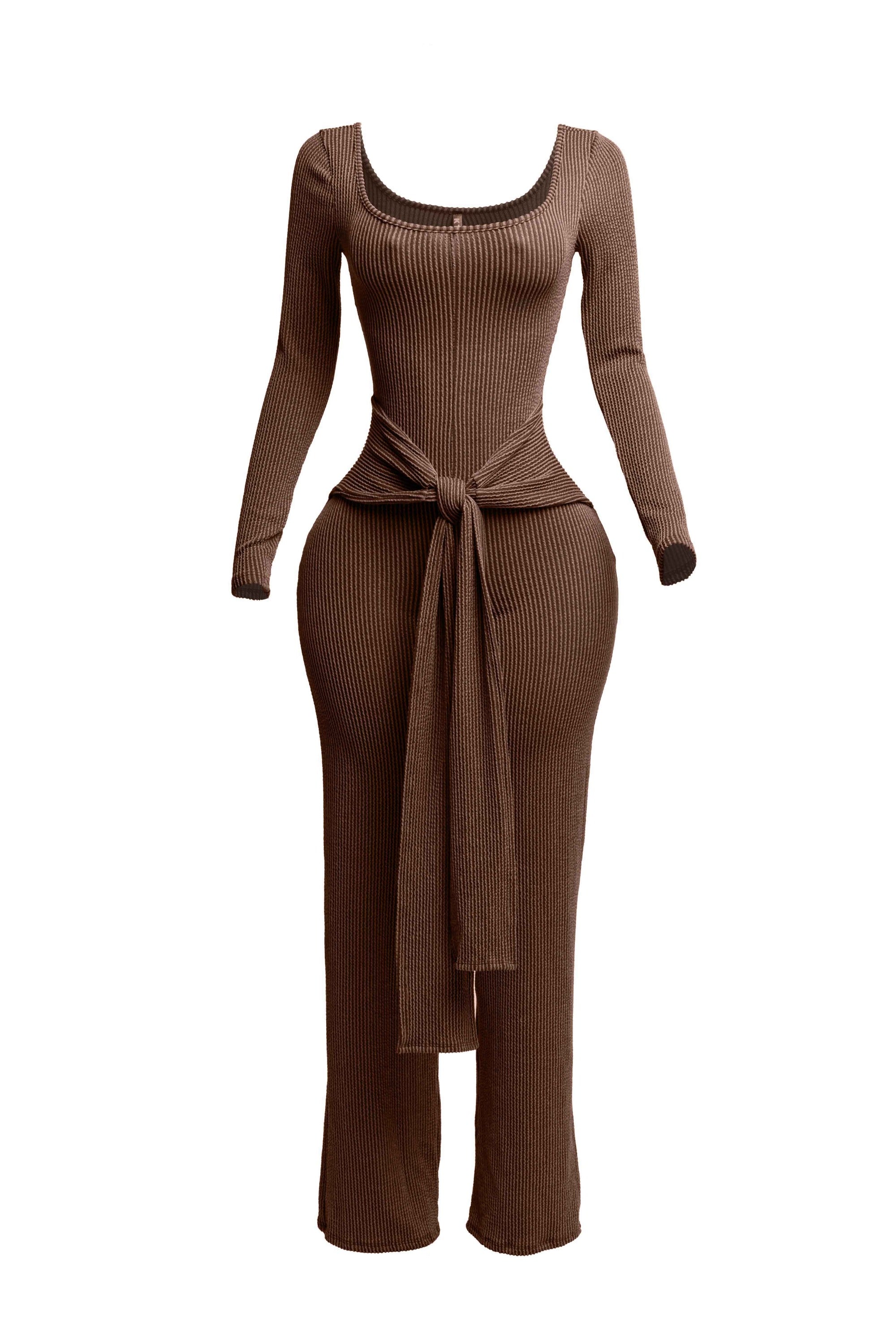 Ribbed long sleeve jumpsuit with front tie