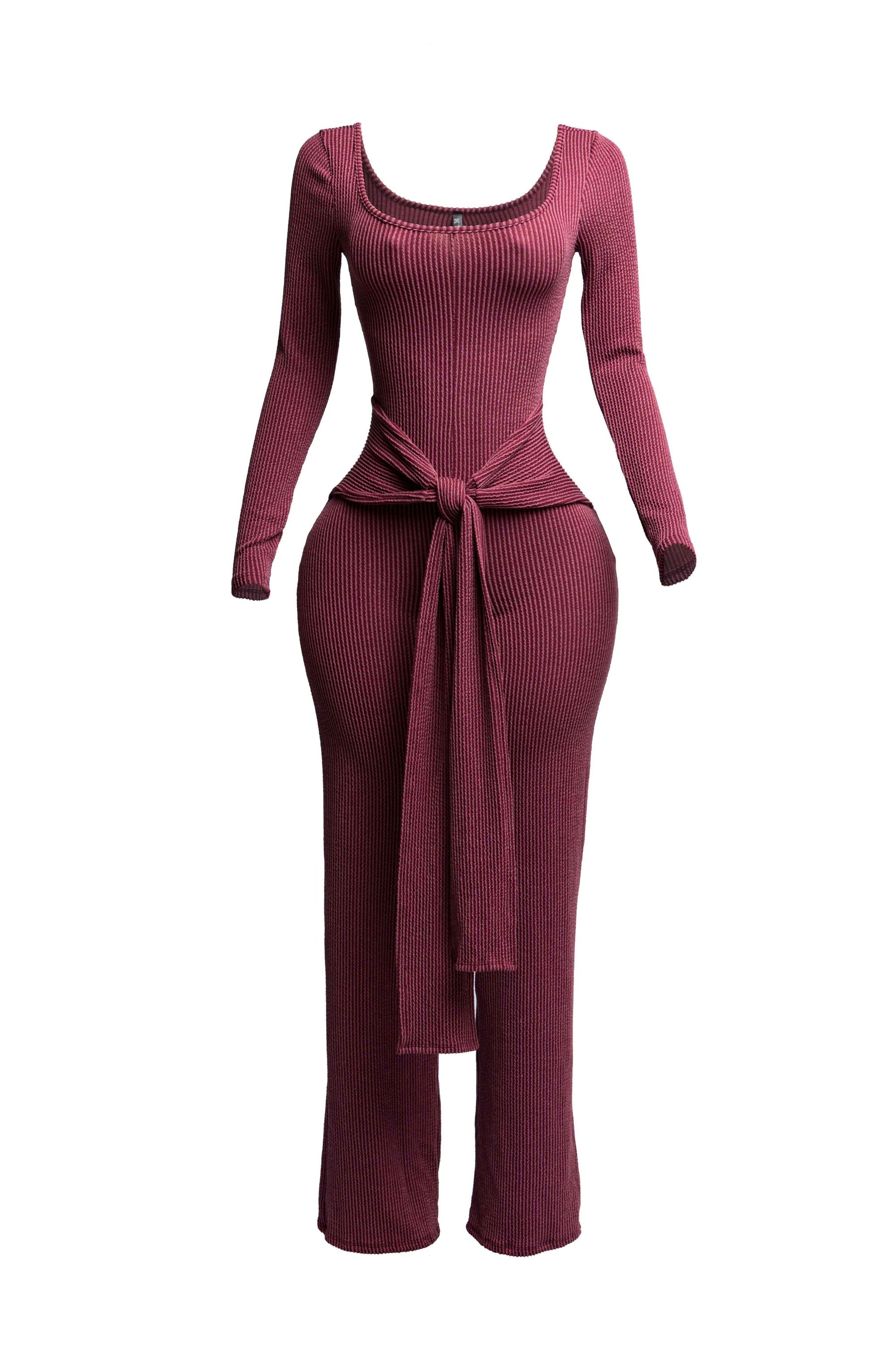 Ribbed long sleeve jumpsuit with front tie