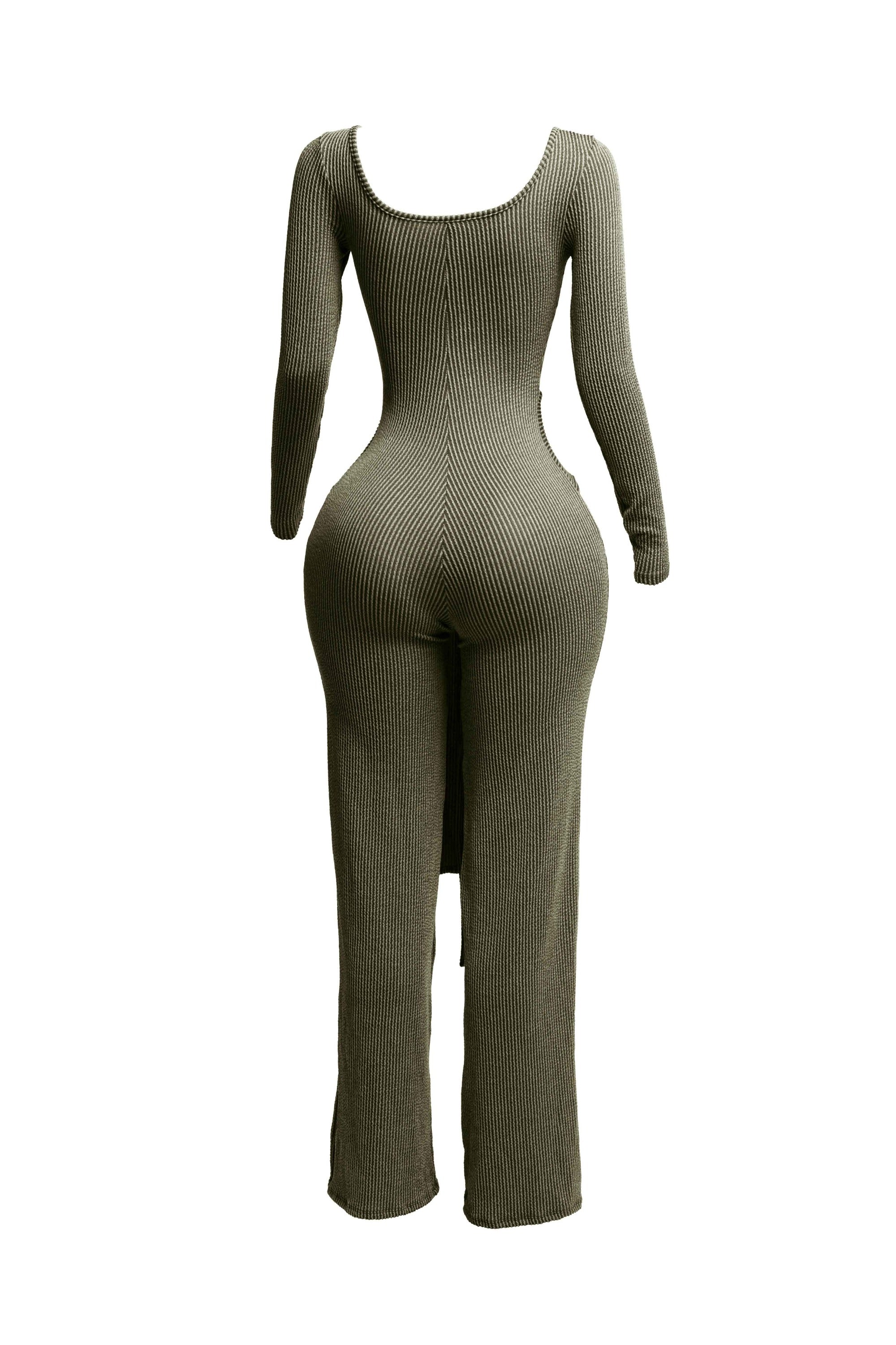 Ribbed long sleeve jumpsuit with front tie