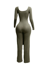 Ribbed long sleeve jumpsuit with front tie