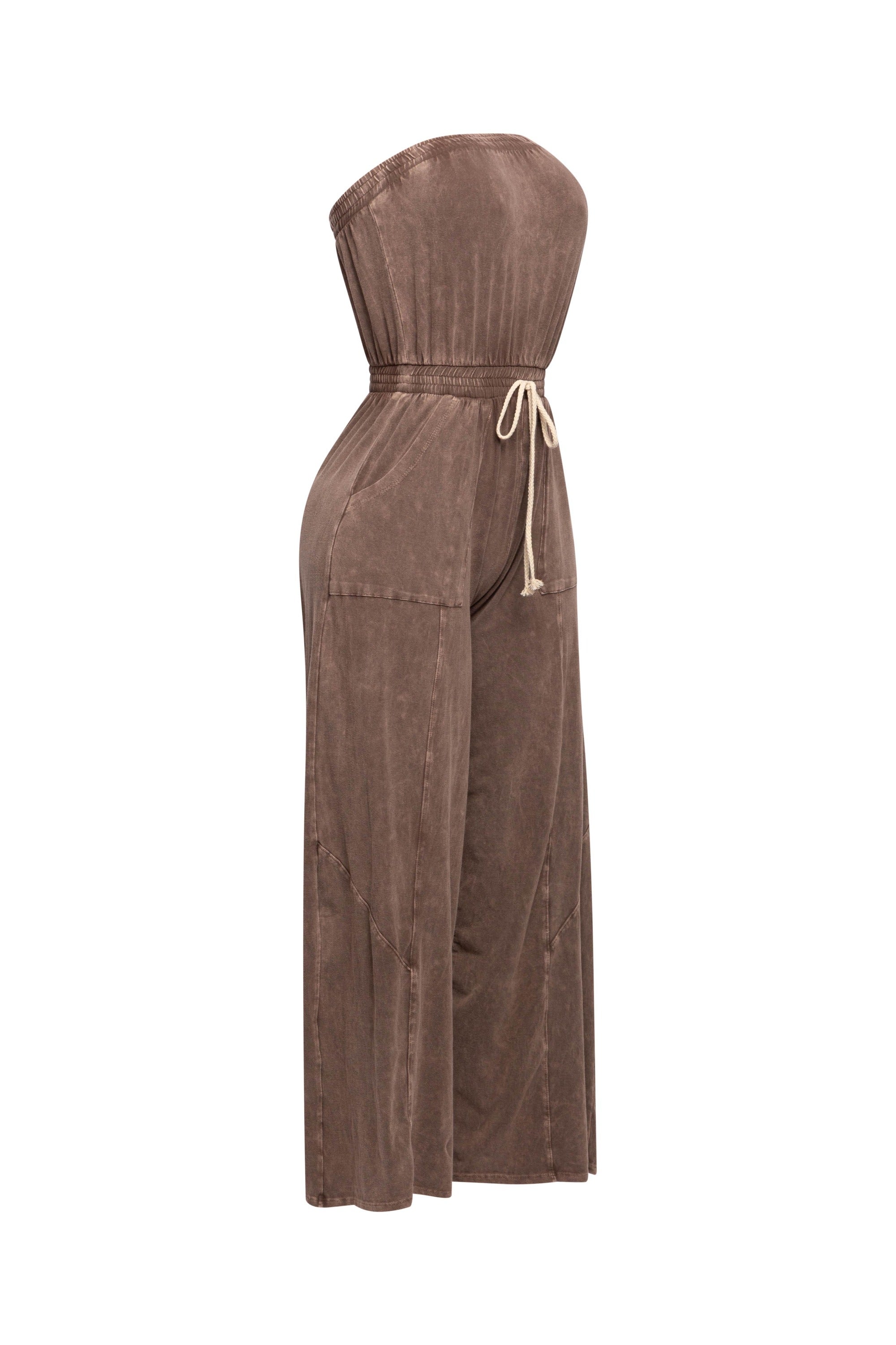 Mineral washed strapless wide leg jumpsuit