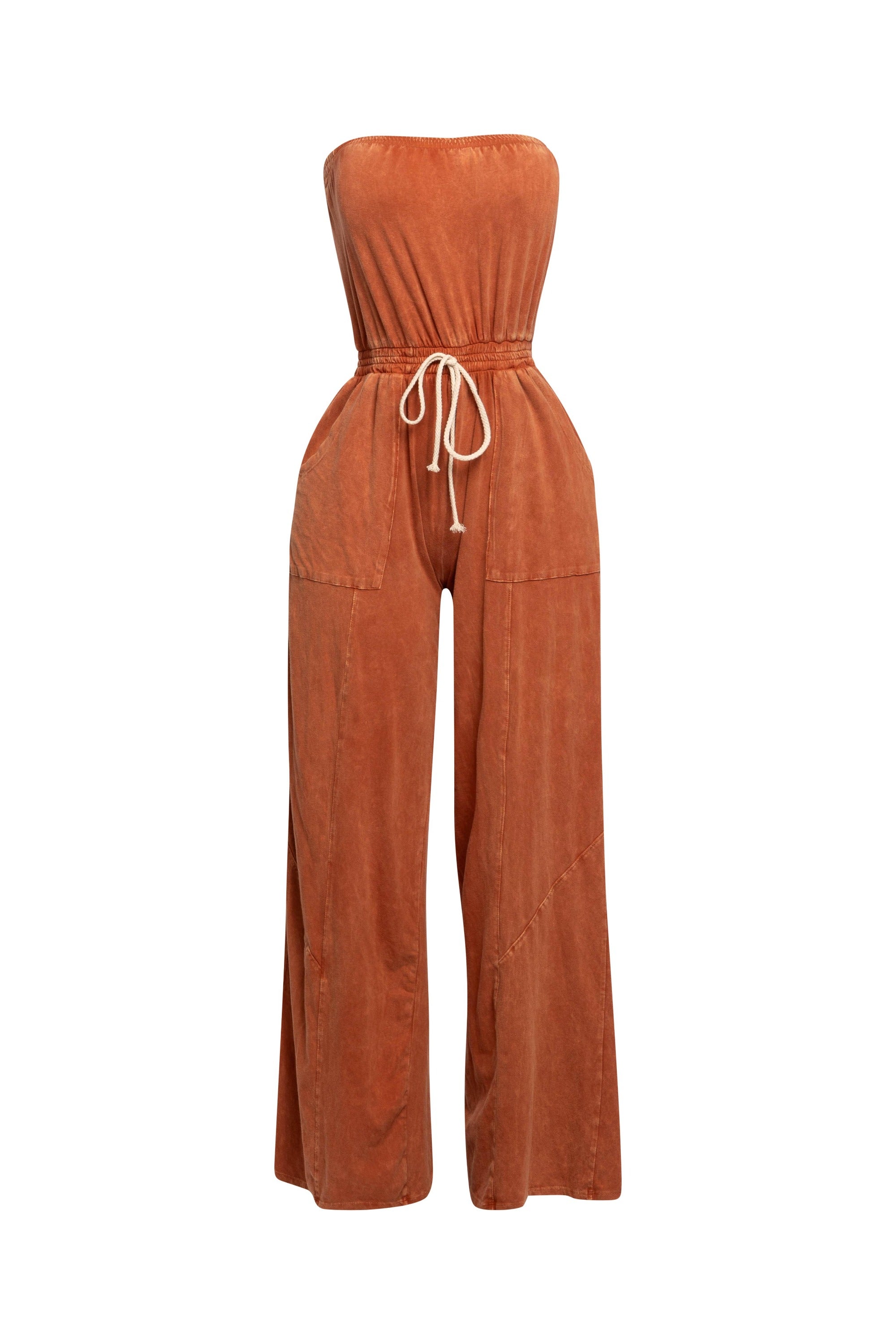 Mineral washed strapless wide leg jumpsuit