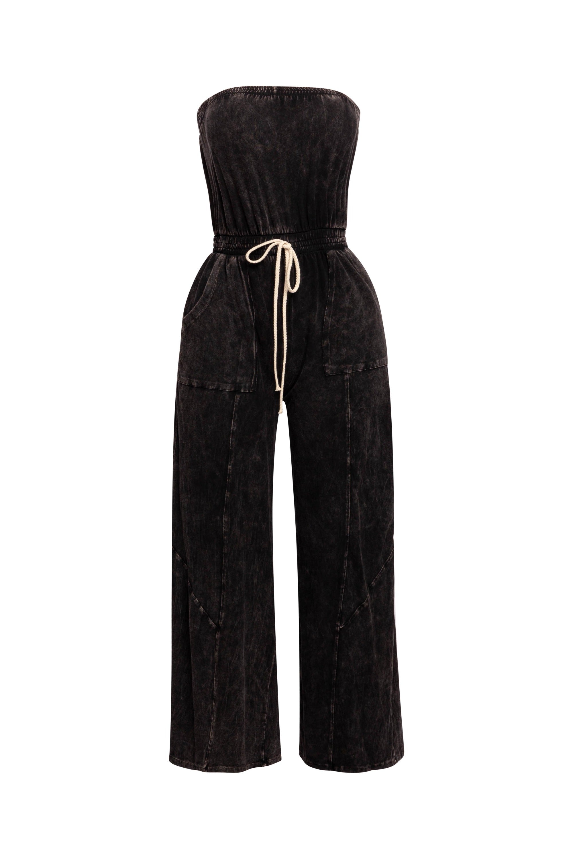 Mineral washed strapless wide leg jumpsuit