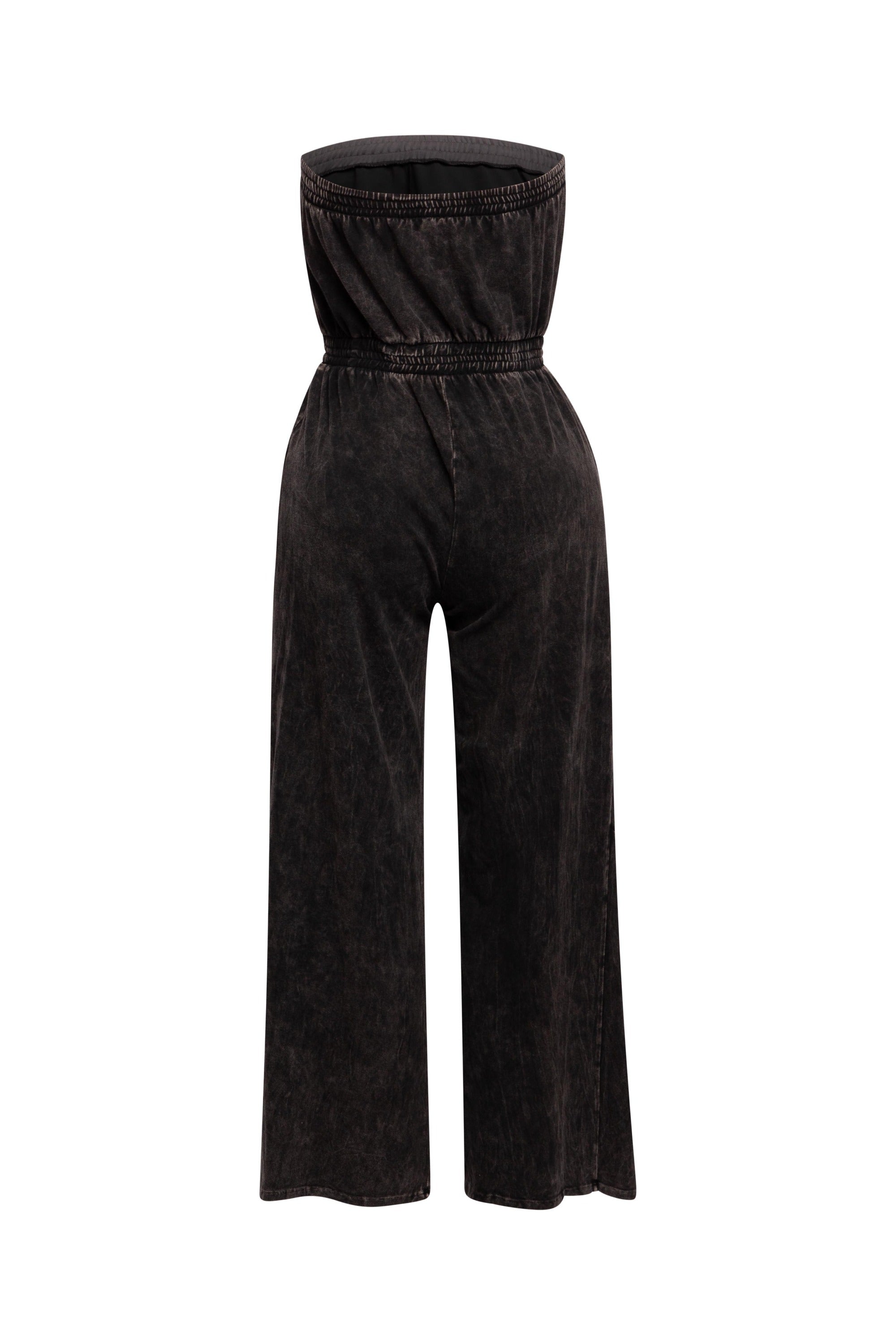 Mineral washed strapless wide leg jumpsuit