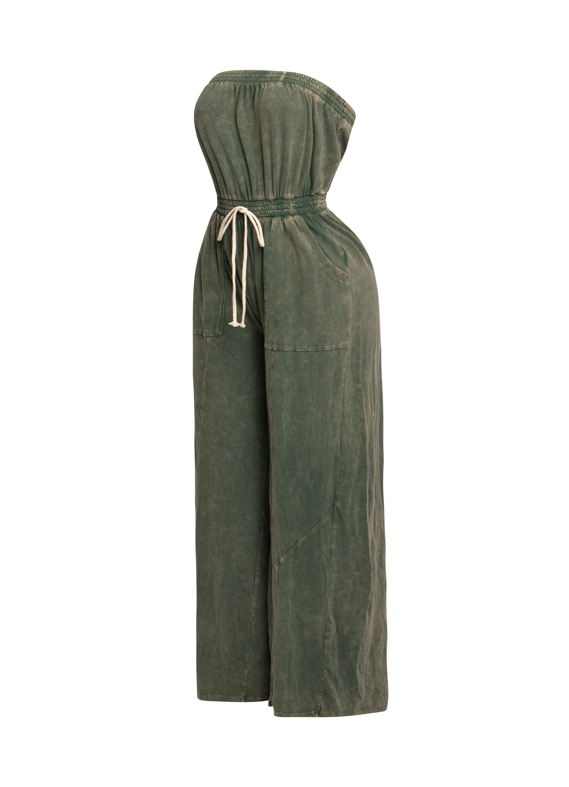 Mineral washed strapless wide leg jumpsuit