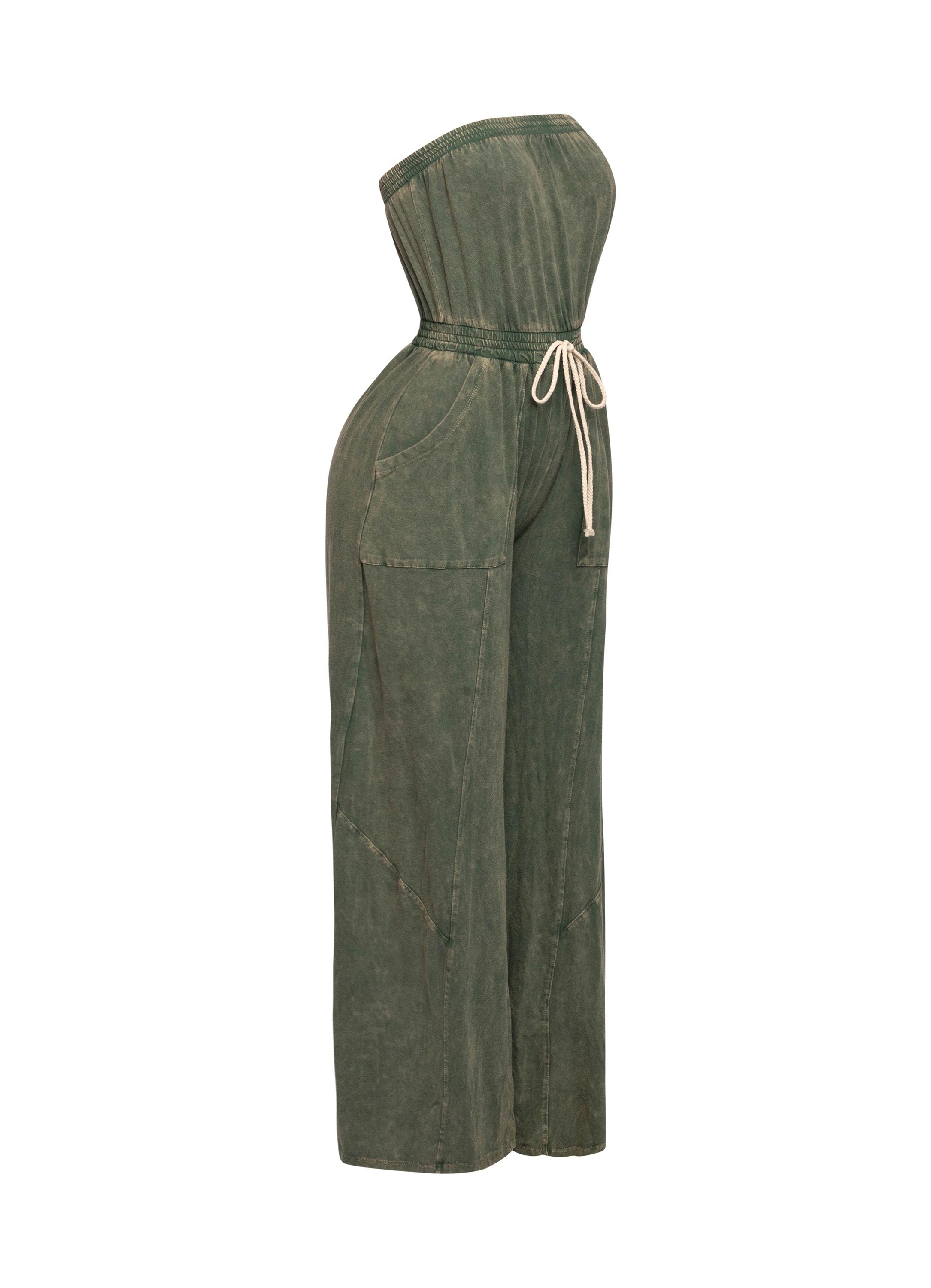 Mineral washed strapless wide leg jumpsuit