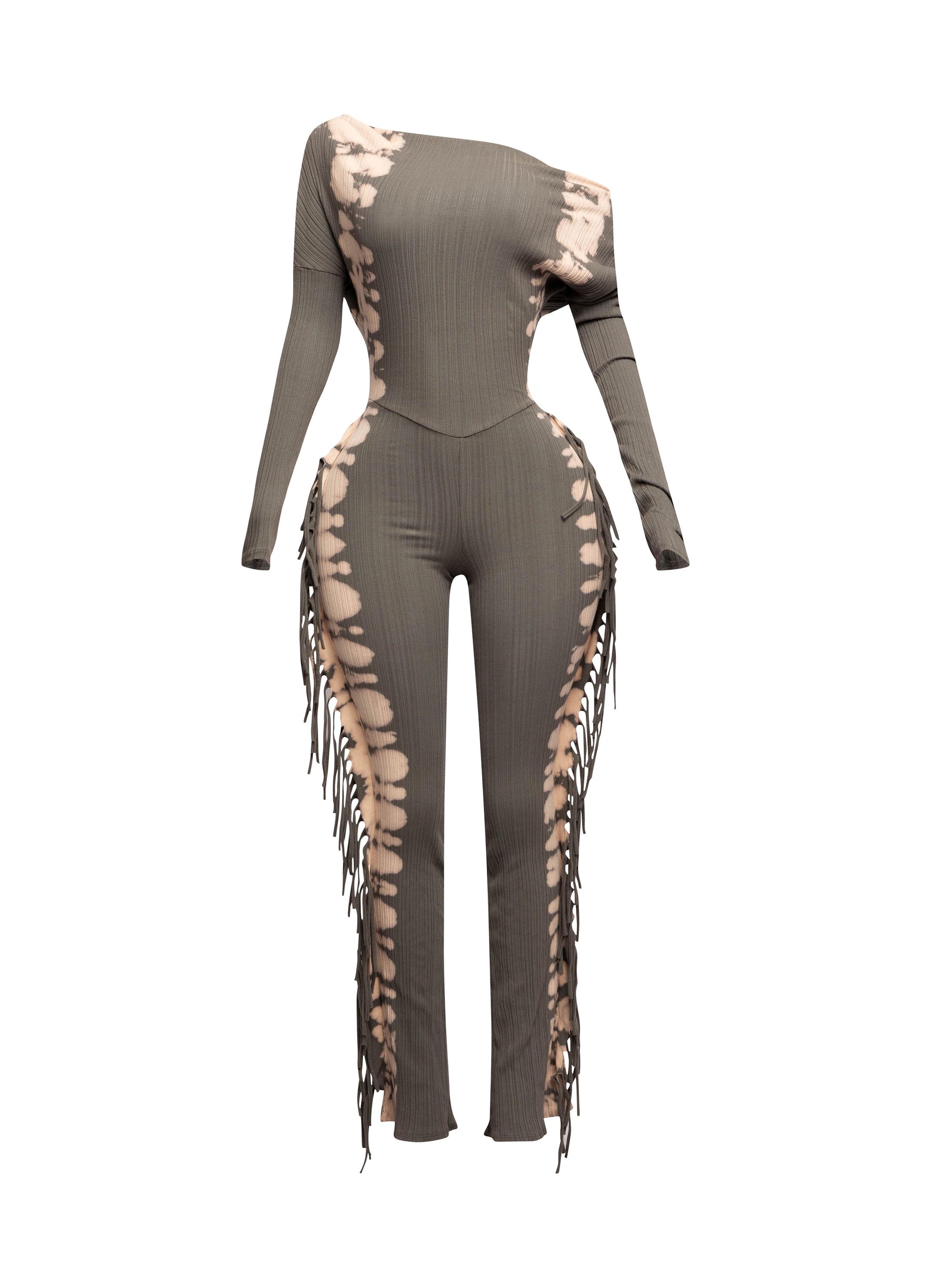 Bleached two tone colorway side fringe jumpsuit