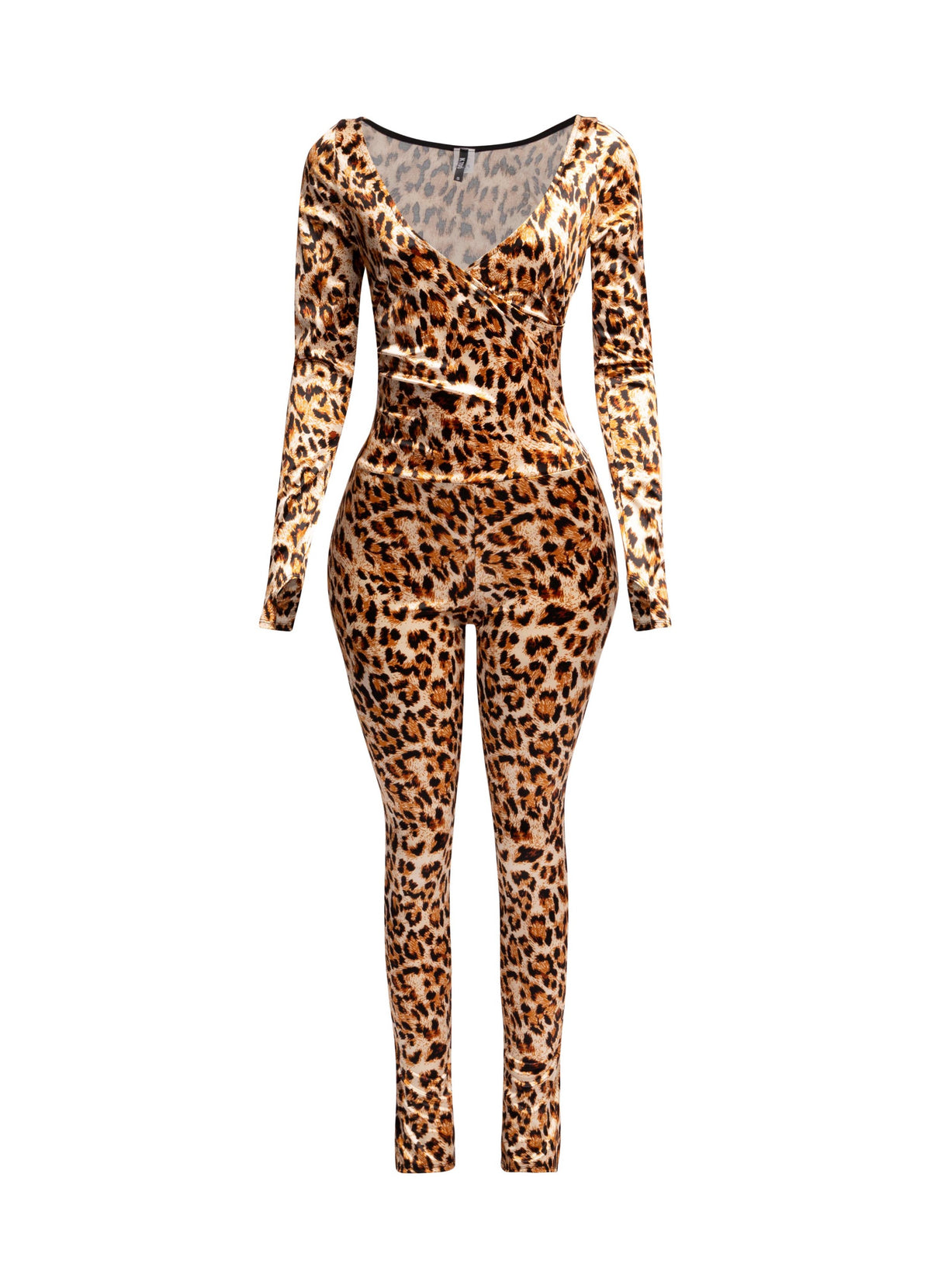 Leopard deep V neck long sleeve jumpsuit