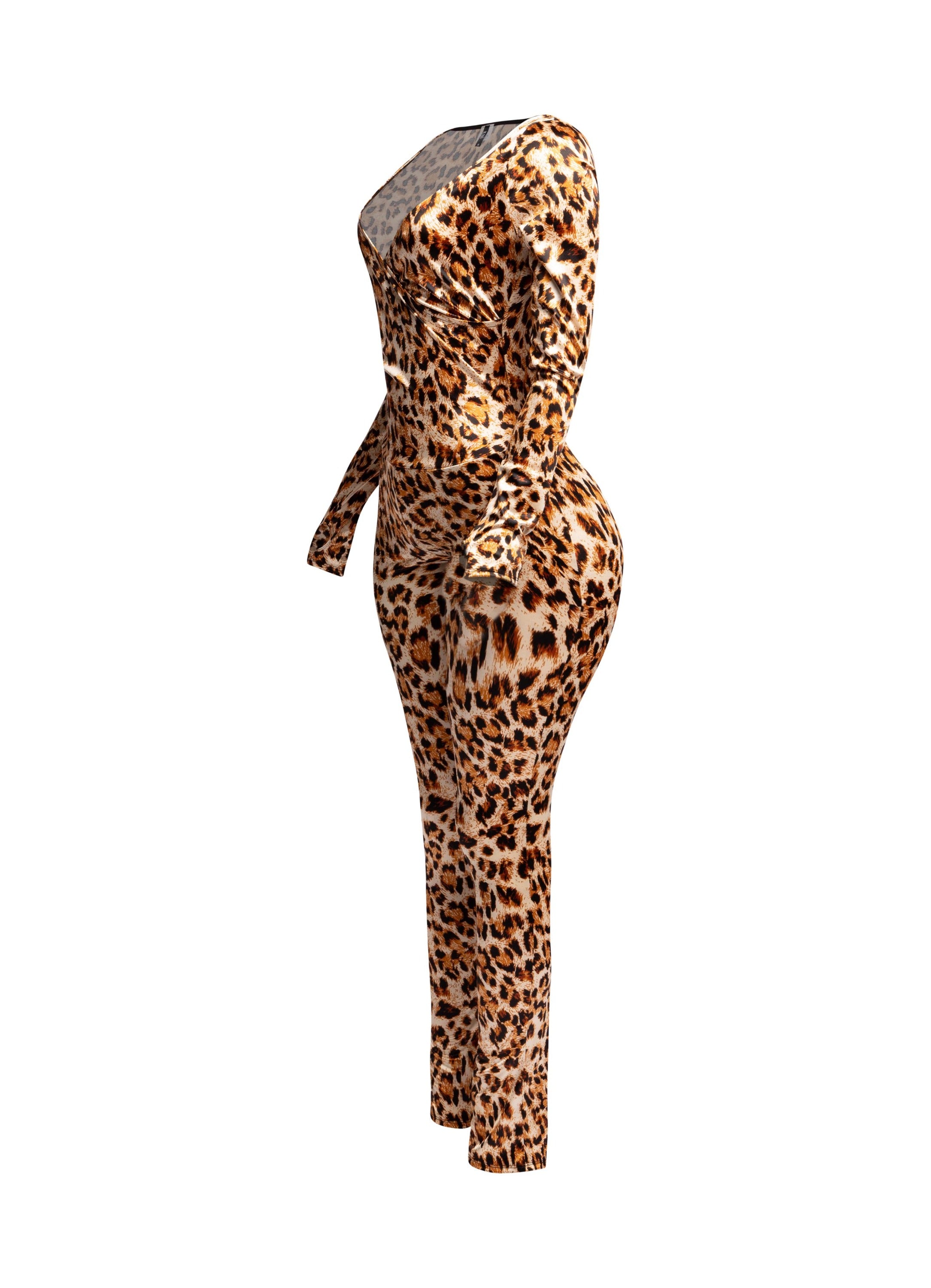 Leopard deep V neck long sleeve jumpsuit