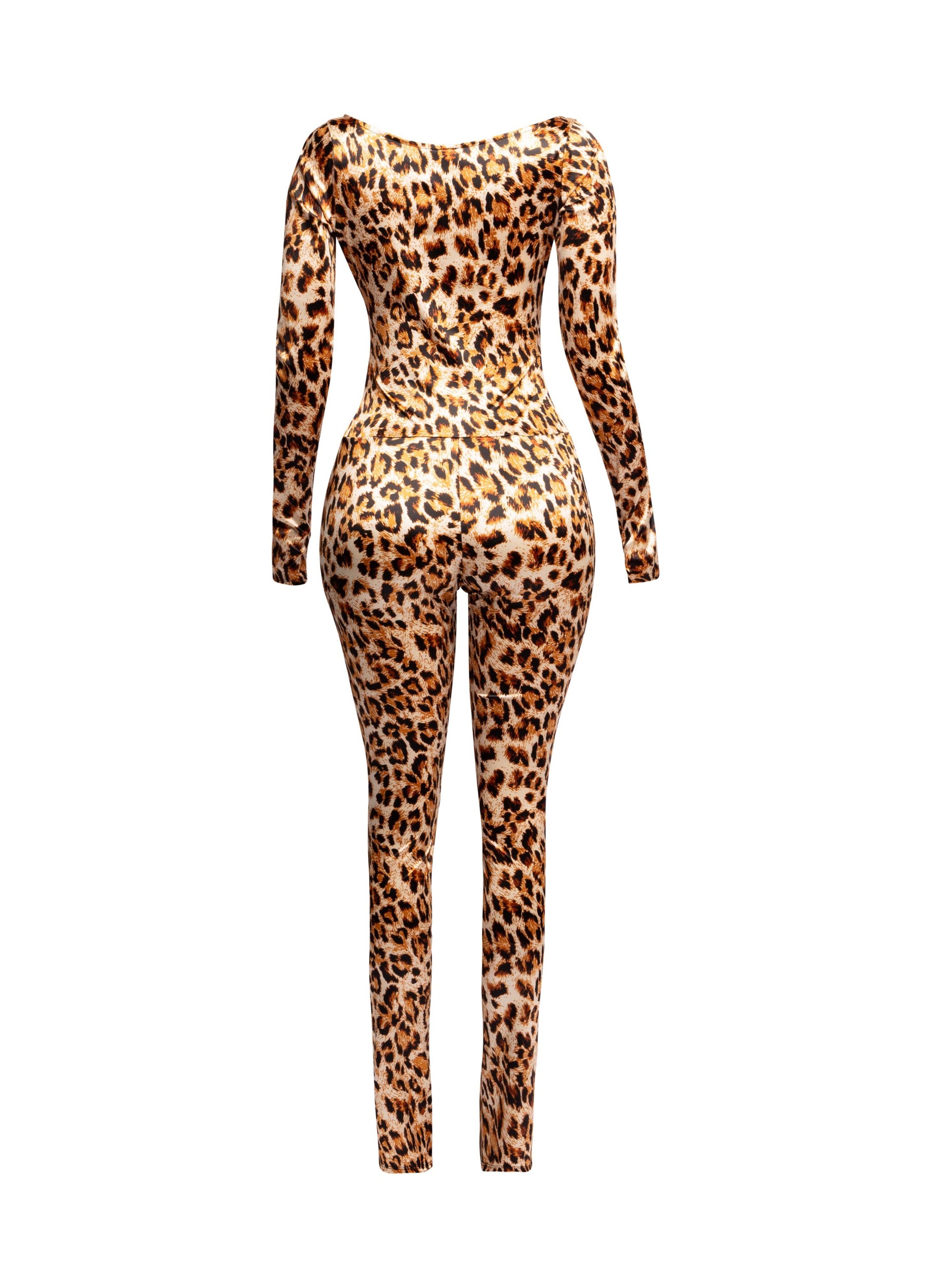 Leopard deep V neck long sleeve jumpsuit