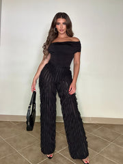 Off shoulder bodysuit set with wide leg ruffle pants