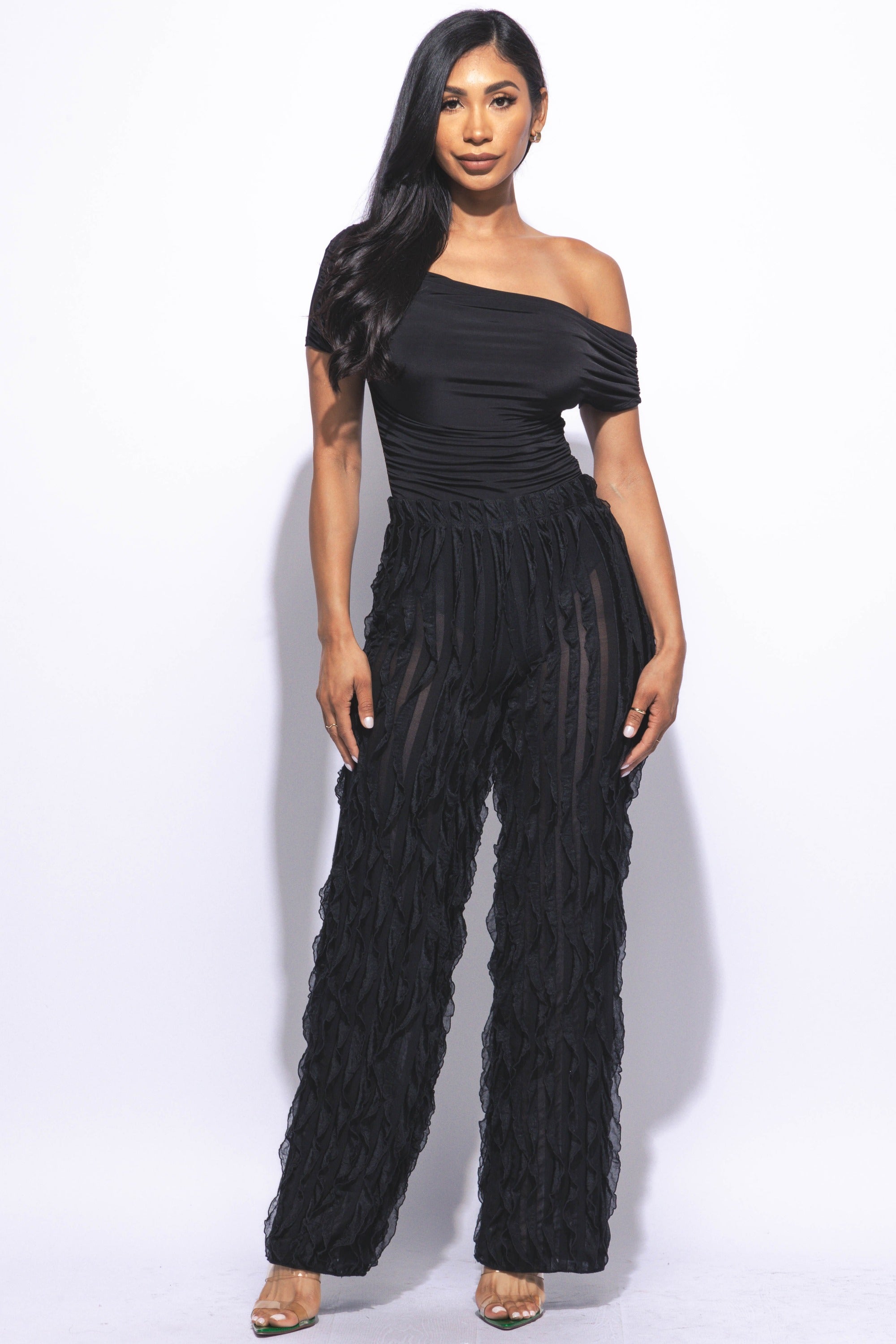 Off shoulder bodysuit set with wide leg ruffle pants