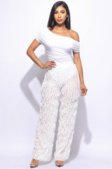 Off shoulder bodysuit set with wide leg ruffle pants