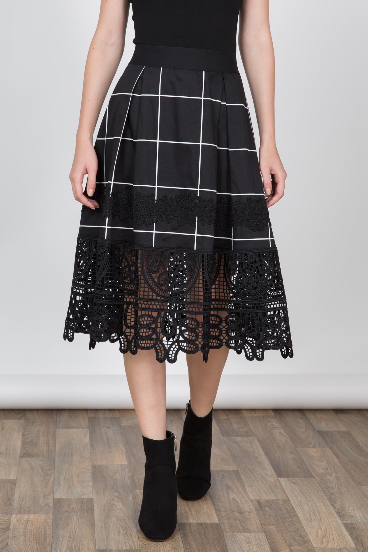 Grid Skirt with Lace Bottom Detail