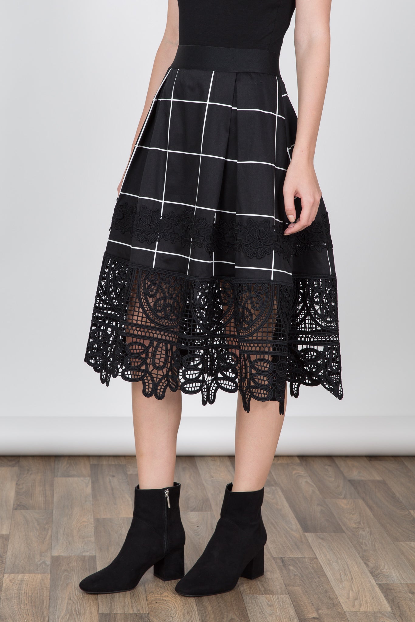 Grid Skirt with Lace Bottom Detail