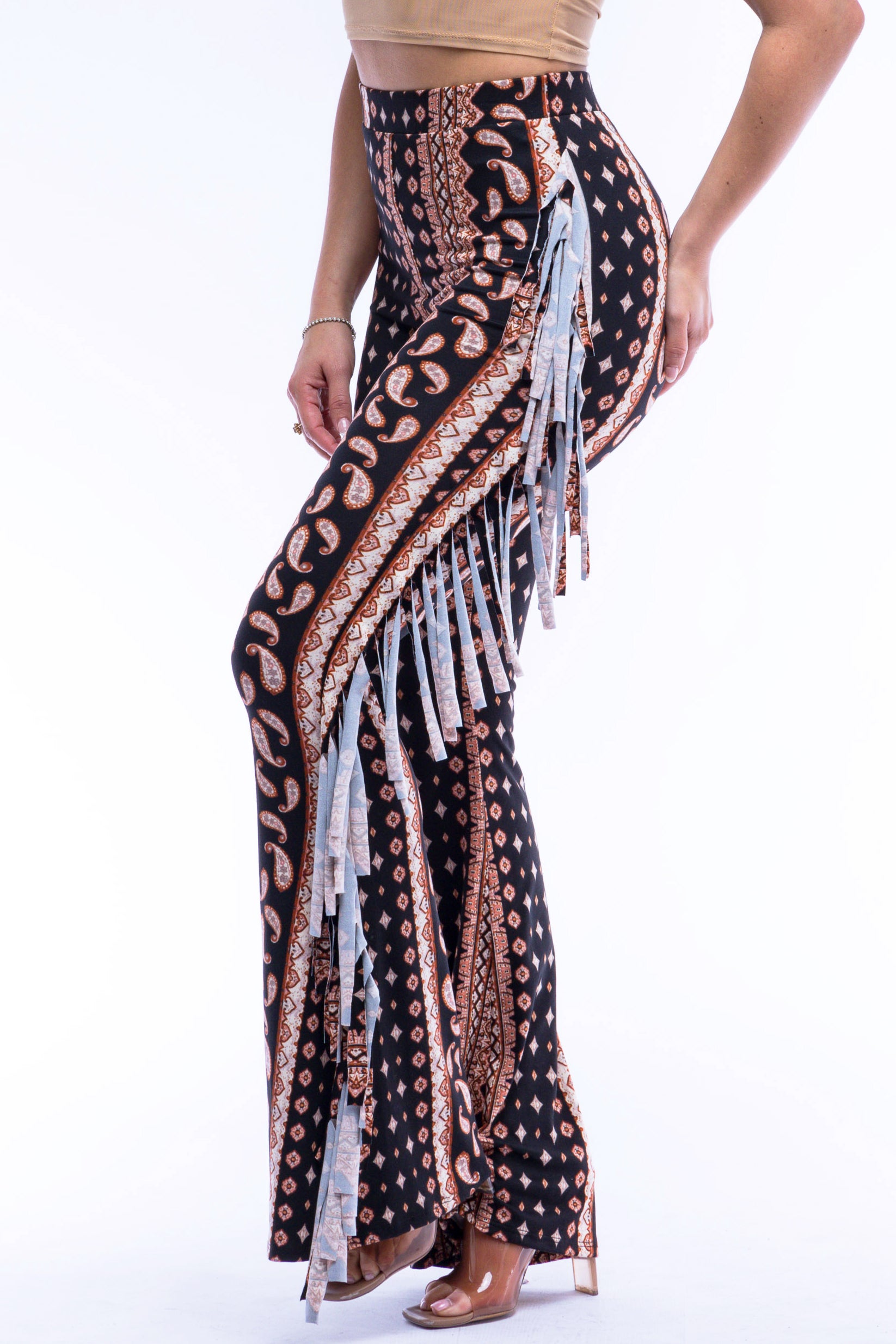 Boho printed flared pant with fringe detail