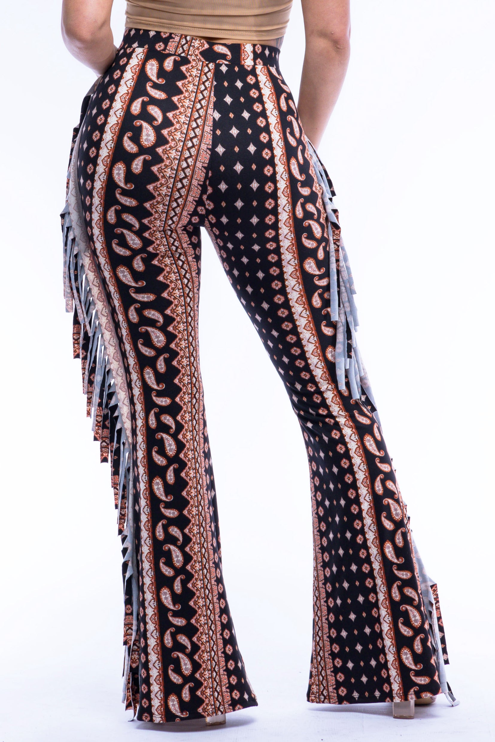 Boho printed flared pant with fringe detail