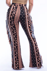 Boho printed flared pant with fringe detail