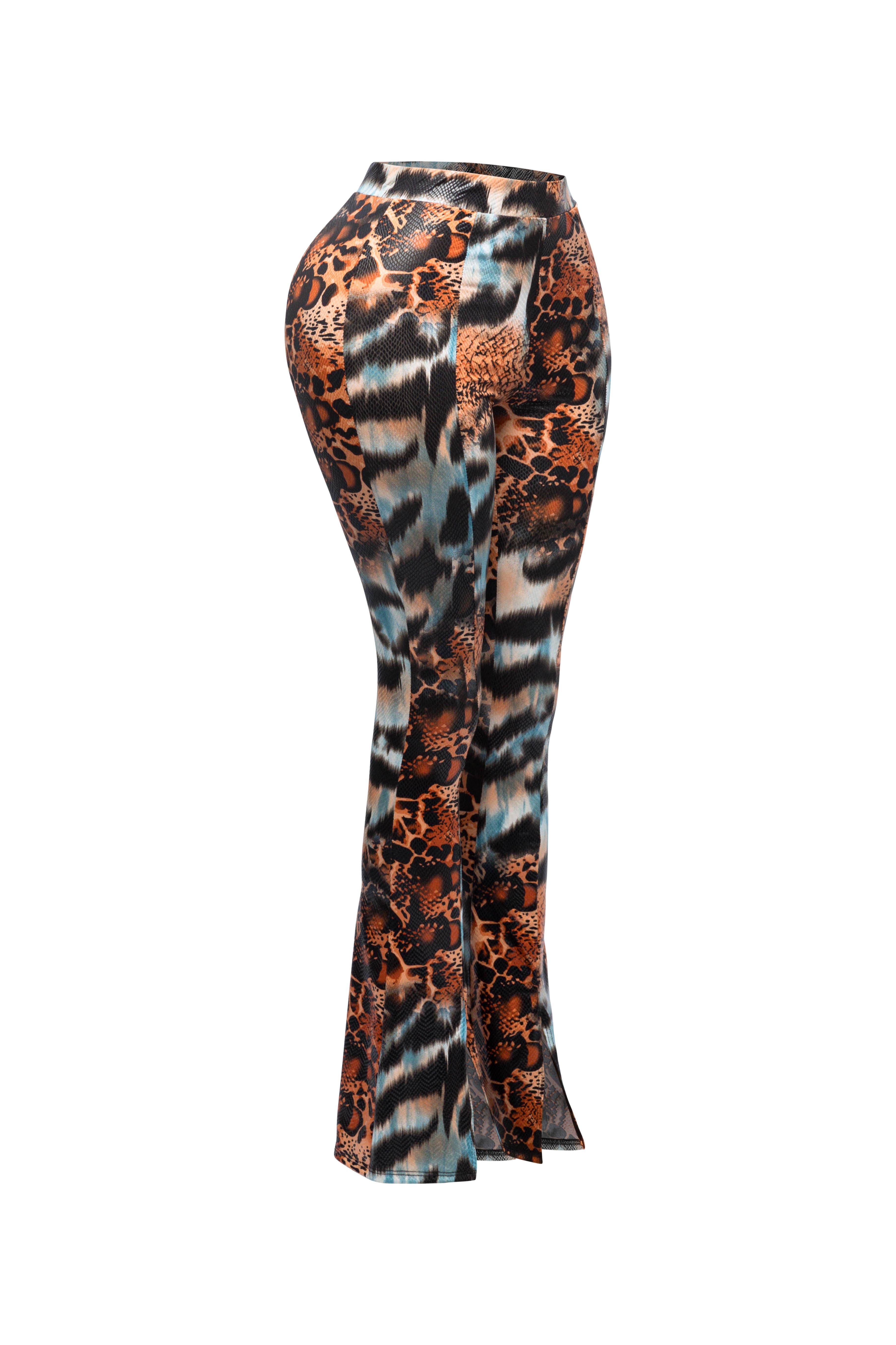 Foiled animal printed slit hem flared pants