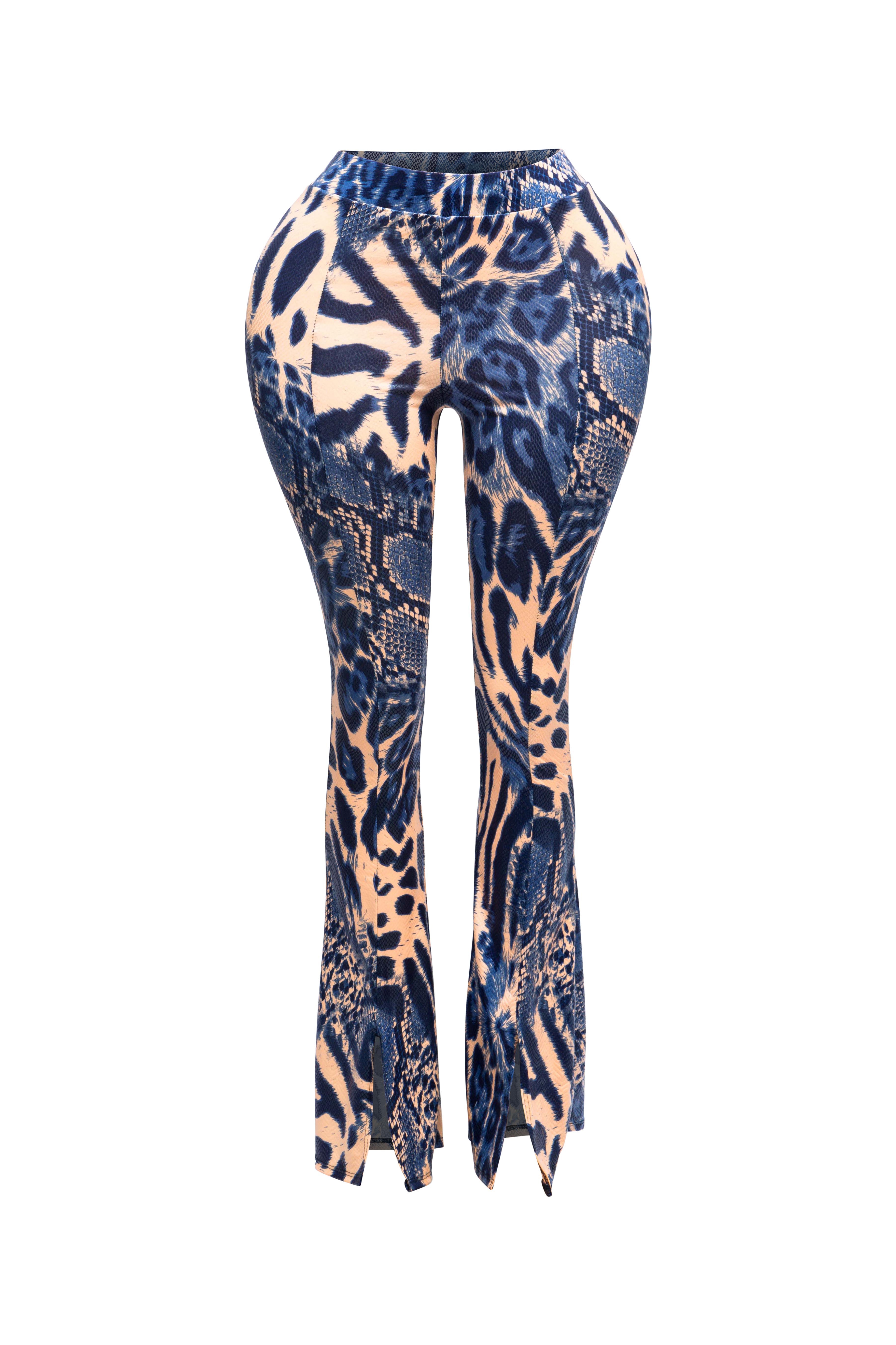 Foiled animal printed slit hem flared pants