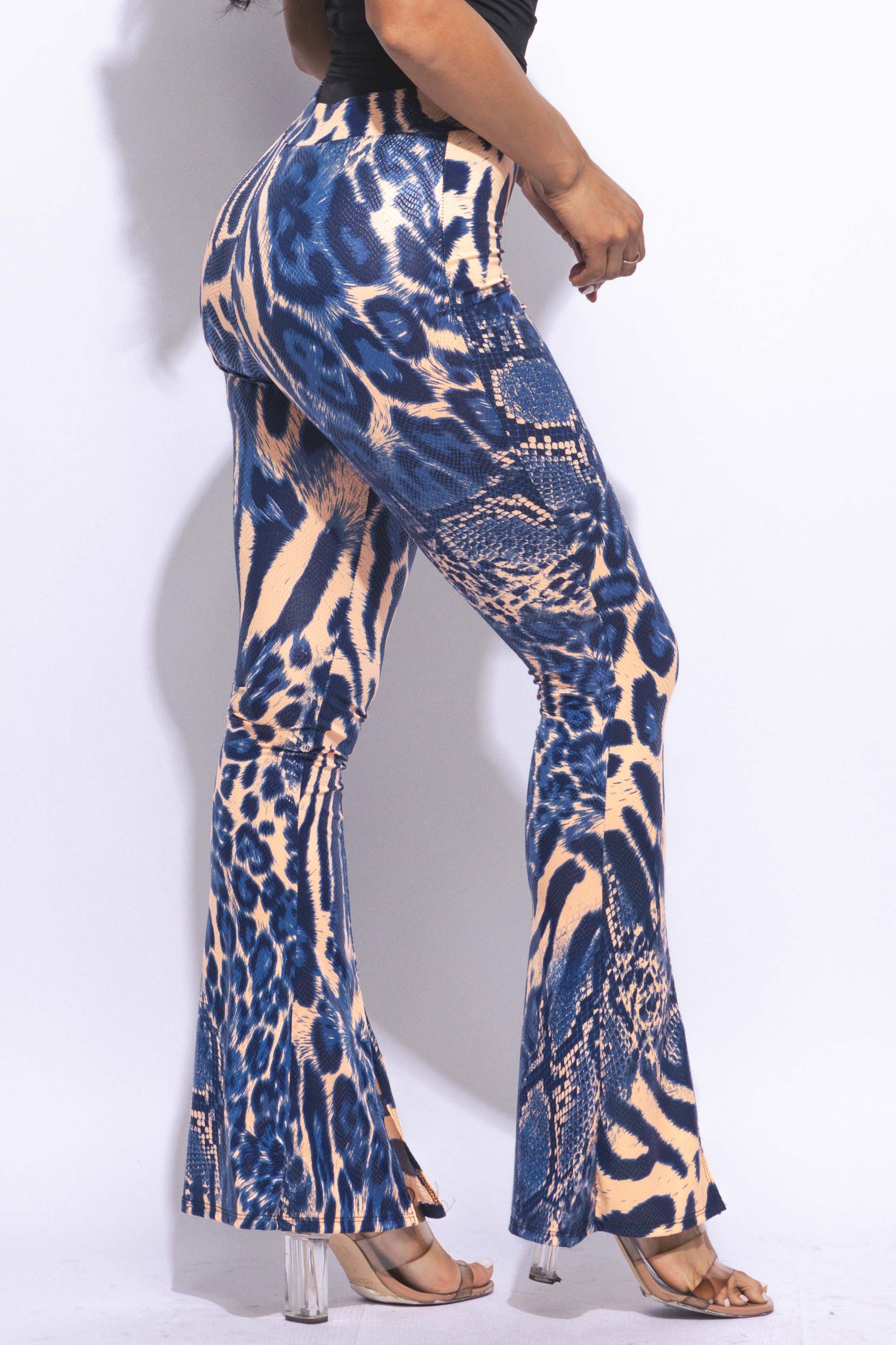 Foiled animal printed slit hem flared pants