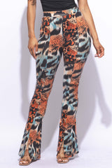 Foiled animal printed slit hem flared pants