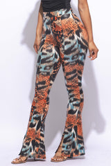 Foiled animal printed slit hem flared pants