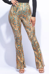 Foiled animal printed slit hem flared pants