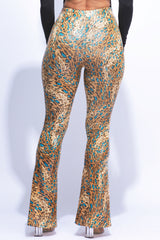 Foiled animal printed slit hem flared pants