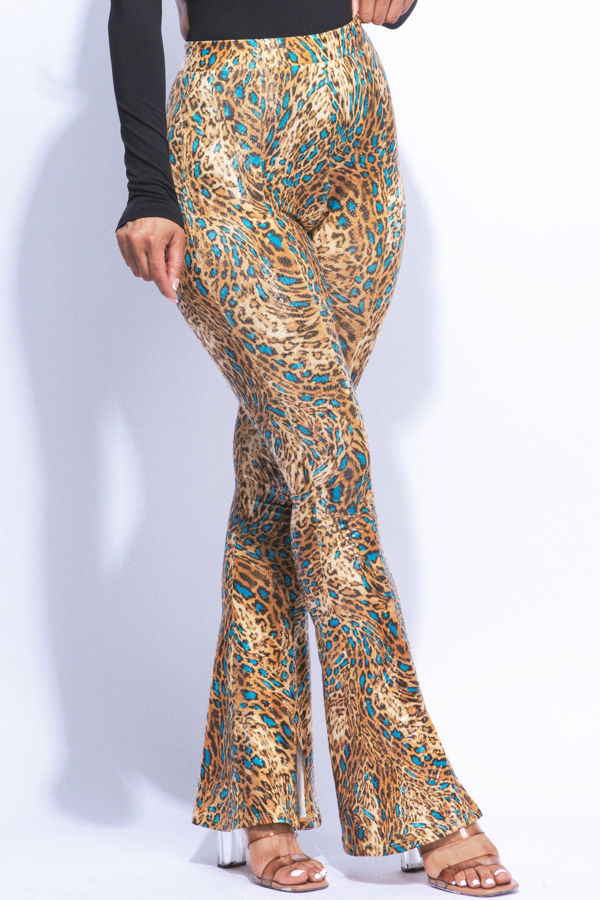 Foiled animal printed slit hem flared pants