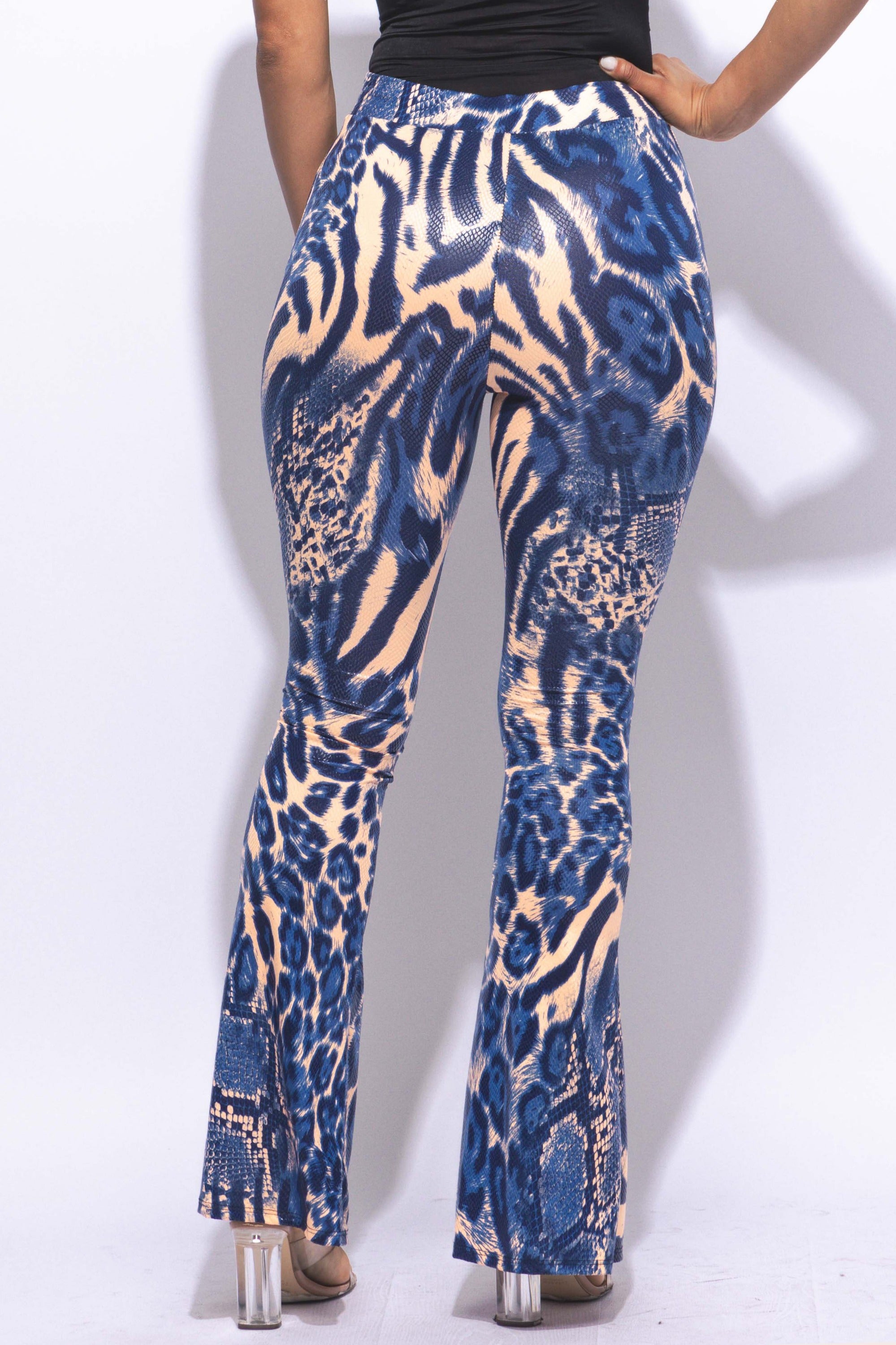 Foiled animal printed slit hem flared pants