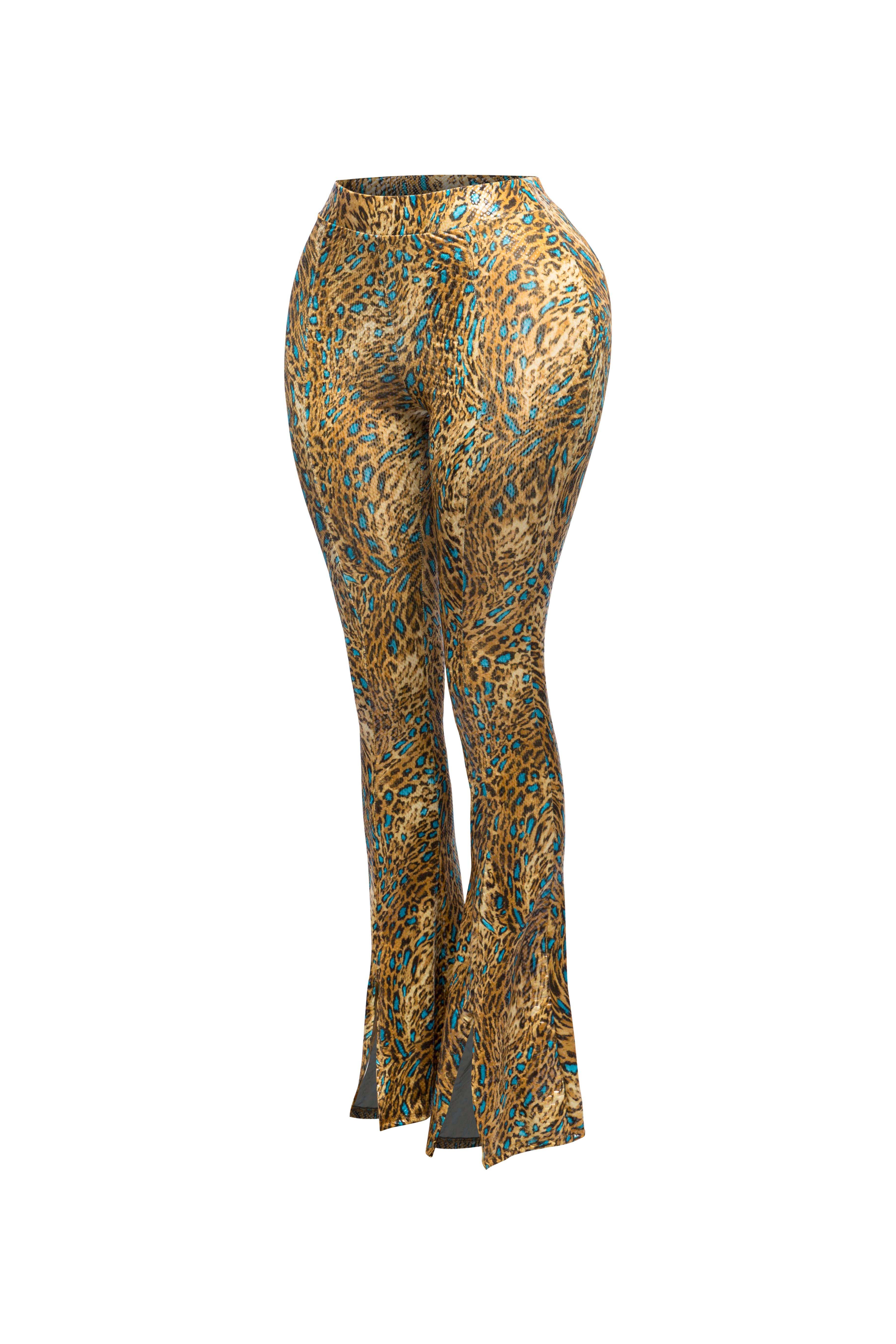 Foiled animal printed slit hem flared pants