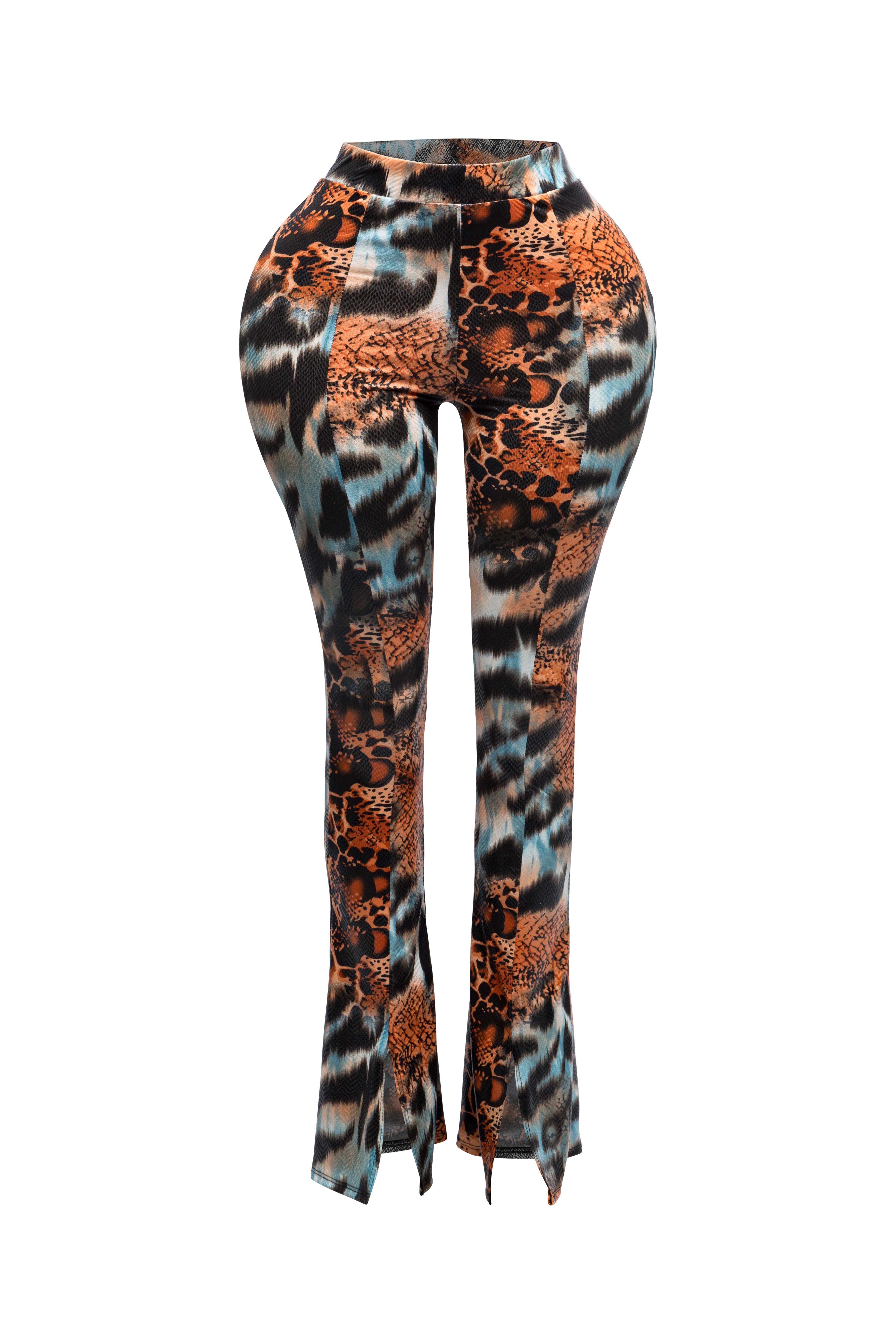 Foiled animal printed slit hem flared pants