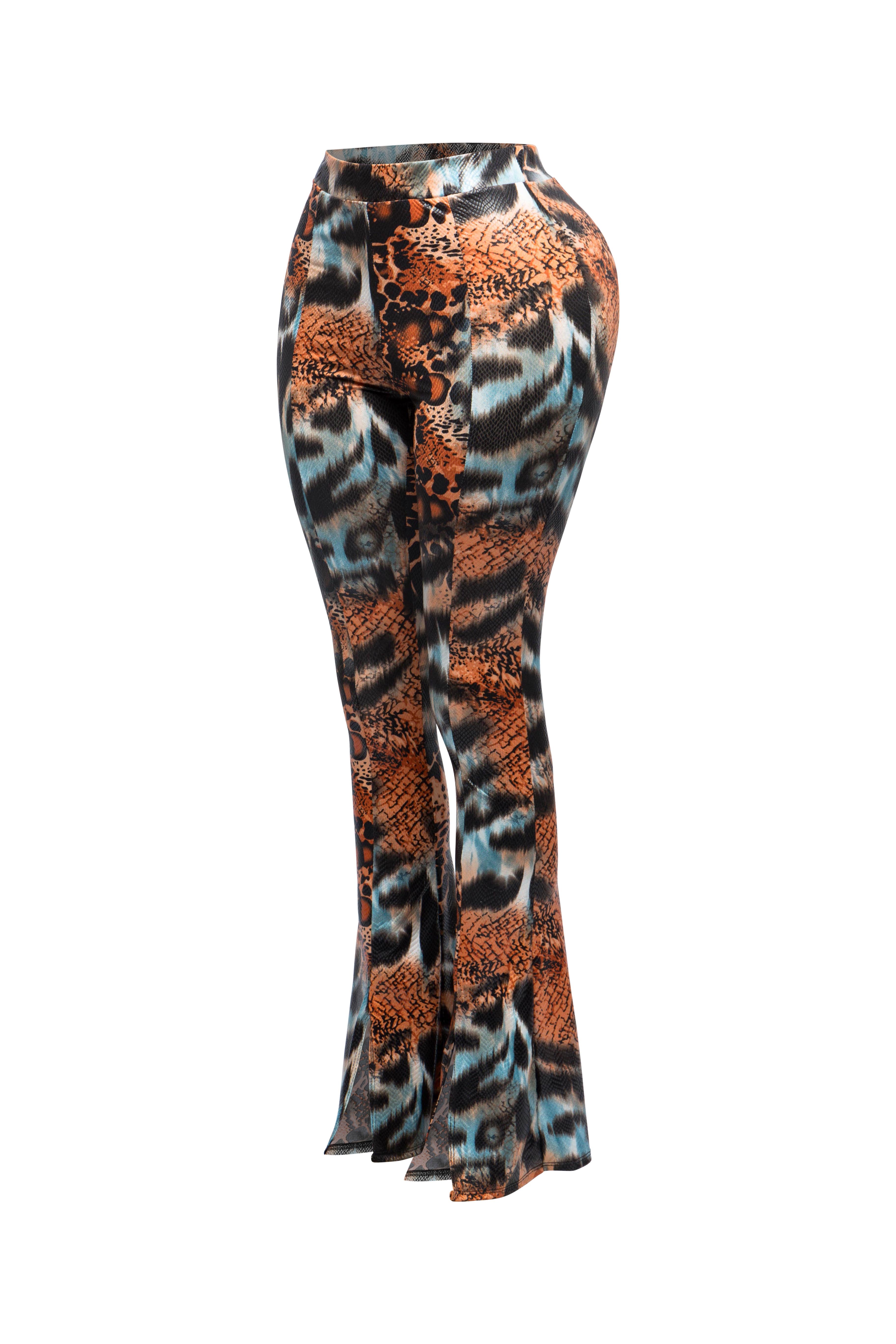 Foiled animal printed slit hem flared pants