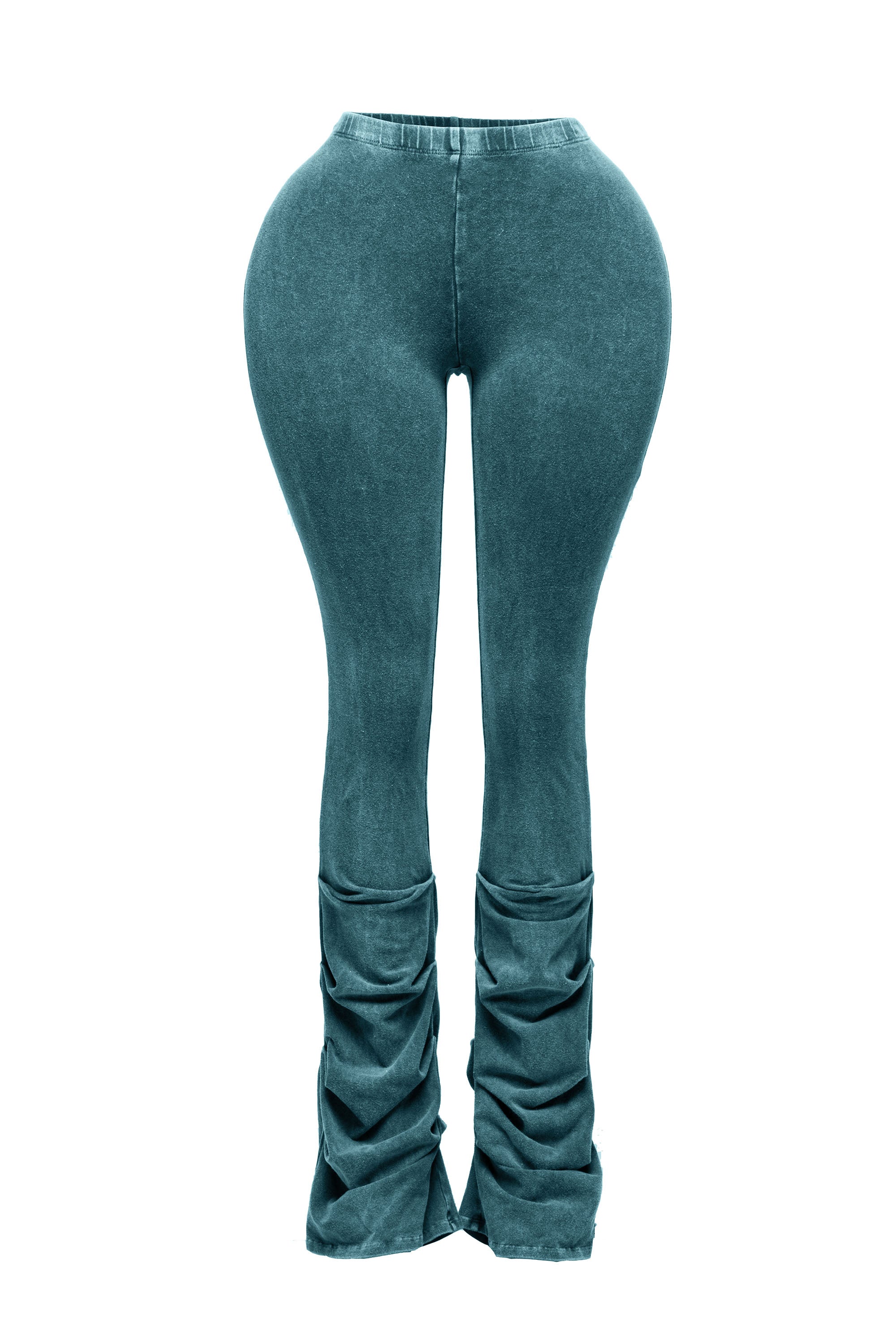 Front view of teal ruched flare leggings with high-waisted fit and washed vintage effect.