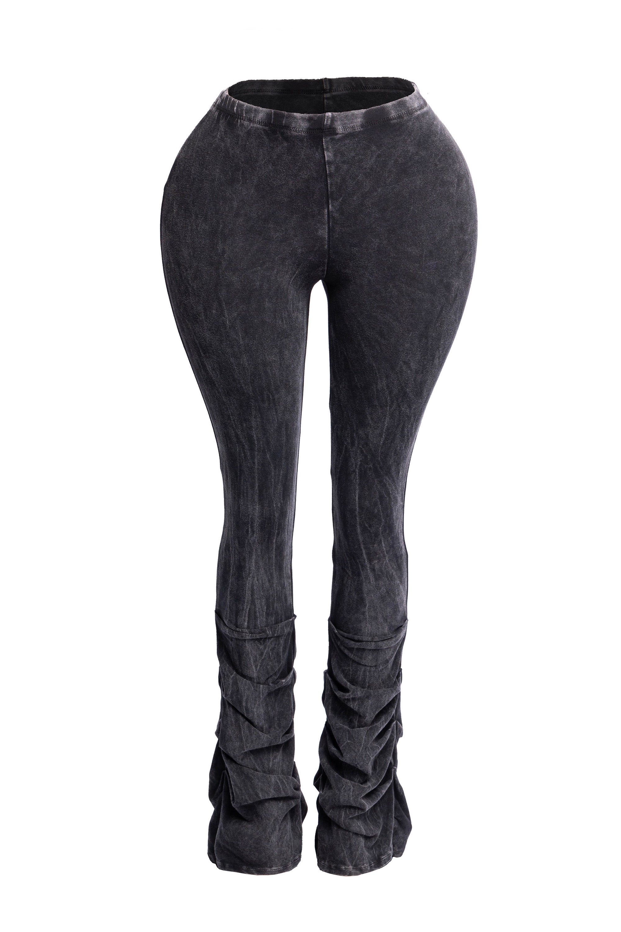 Front view of black vintage vibe ruched flare leggings with high-waisted fit and washed effect.