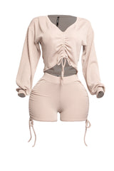 Ruched drawstring long sleeve crop top & shorts set