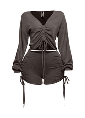 Ruched drawstring long sleeve crop top & shorts set