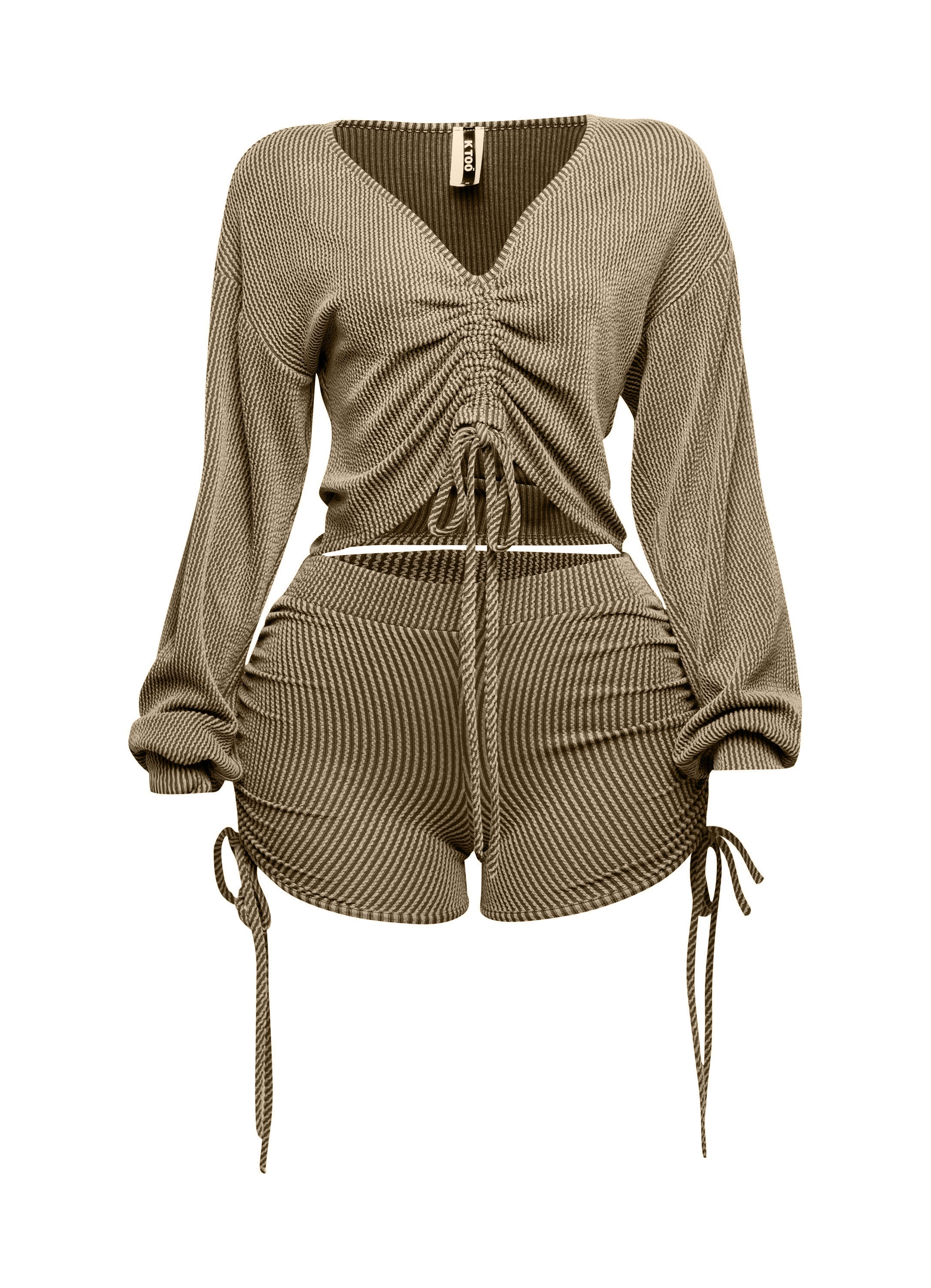 Ruched drawstring long sleeve crop top & shorts set