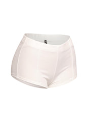 Minimalist white micro shorts with a pintuck finish and comfortable elastic waistband, perfect for modern streetwear or layered statement looks.