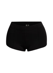 High-waisted black micro mini shorts with pintuck detailing and an elastic waistband, offering a sleek and stylish fit for bold, everyday outfits.