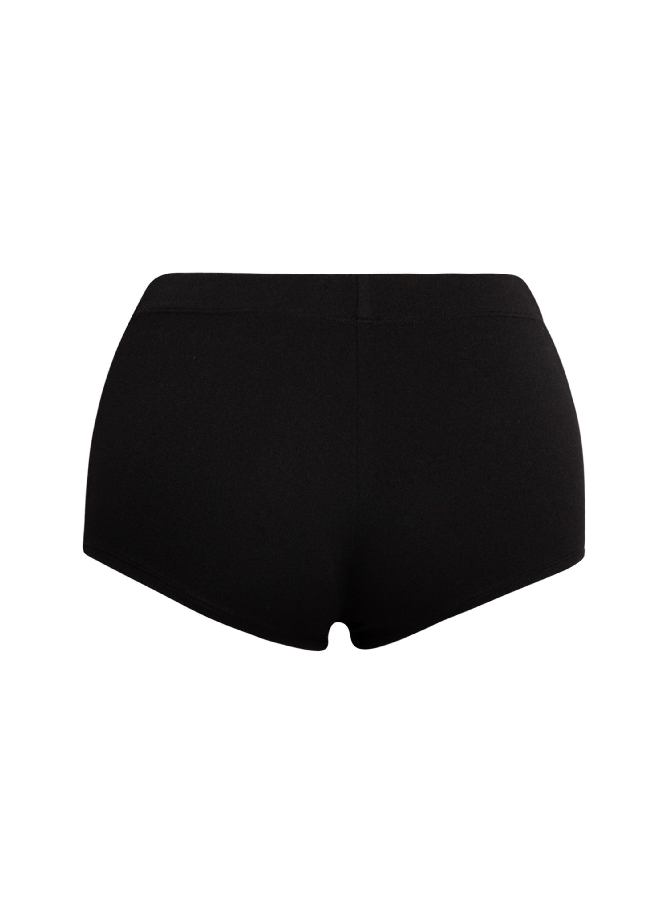 Chic black micro shorts featuring pintuck accents and a stretchy waistband, perfect for versatile casual looks or edgy streetwear styling.